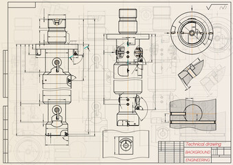 Mechanical engineering drawings on sepia background. Tap tools, borer. Technical Design. Cover. Blueprint. Vector illustration.