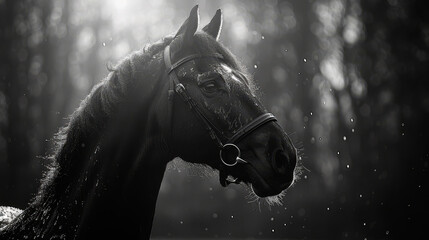 aesthetic black and white fine art photography black shiny back of a Horse.