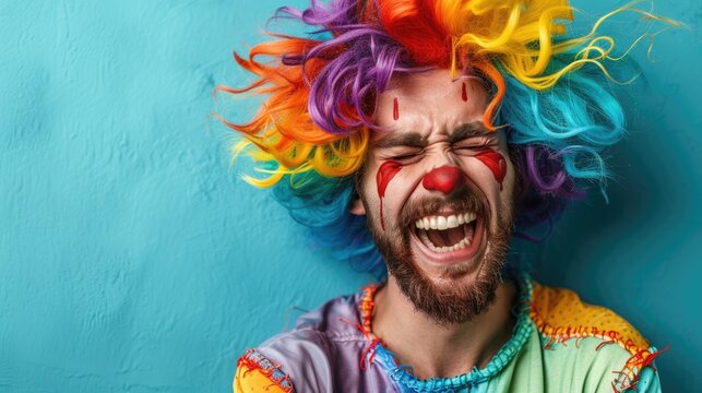 A man dressed as a clown, with colorful attire, is laughing joyfully