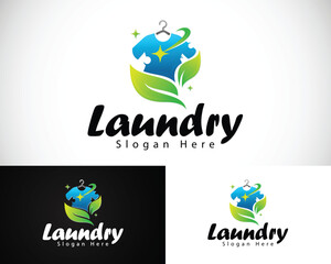 Modern laundry logo with clothes illustration nature leave cleans fresh