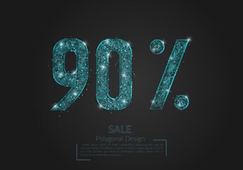 Abstract isolated blue 90 percent sale concept. Polygonal illustration looks like stars in the blask night sky in spase or flying glass shards. Digital design for website, web, internet. © Katsiaryna