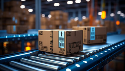 Automatic logistics management. smart packaging into the warehouse workflow, Cardboard box tags and QR codes for efficient tracking, authentication, and traceability throughout the supply chain