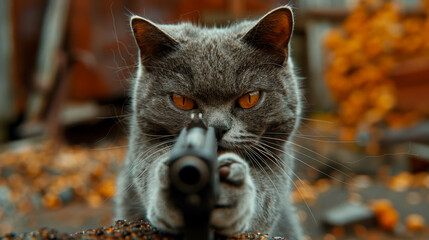 cat looking down from a frontal perspective, holding a pistol at the camera, with angry facial expressions.