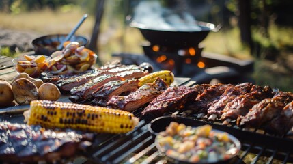 An assortment of meats and vegetables grilling on a barbecue surrounded by nature as the sun sets.