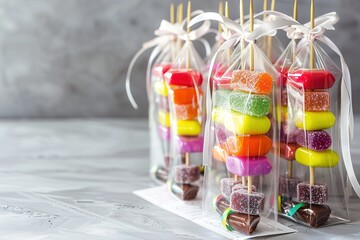 Bright candy kabobs wrapped as festive treats.