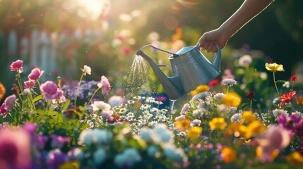 A woman tending to the flowers in a lush garden, watering them carefully with a watering can on a sunny day.
