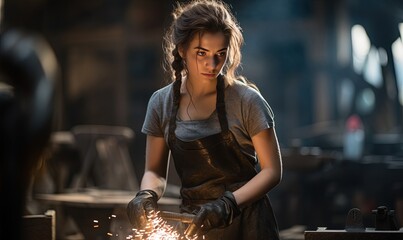 young woman blacksmith engaged in metalwork