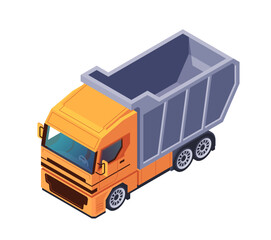 Isometric vector illustration of an orange dump truck isolated on a white background, depicting transportation concept