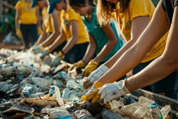 Young volunteers engaging in plastic waste segregation, their hands meticulously separating materials under the warm afternoon light