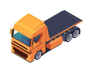 Orange dump truck on a white background, showcasing transportation. Isometric vector illustration isolated on white background