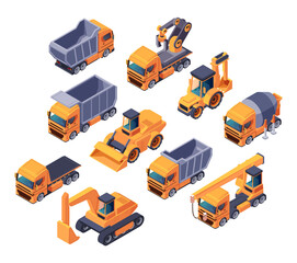 A collection of various isometric construction vehicles isolated on a white background, vector illustration, depicting transportation and machinery equipment