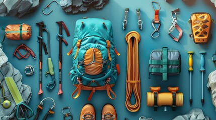 Hiking and climbing gear and accessories mockup template for traveling promotion