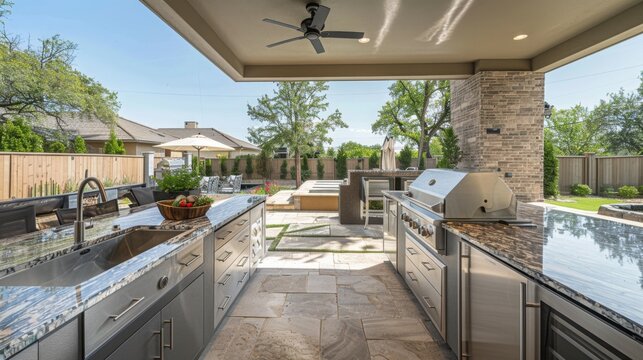 An outdoor kitchen featuring sleek granite countertops and high-quality stainless steel appliances, perfect for preparing meals al fresco.