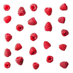 A bunch of fresh raspberries arranged neatly on a clean white surface, raspberries on a transparent background