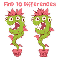 Find 10 differences in the picture. Educational game for kids. Attention task. Funny cartoon character. Worksheet page. Activity book. Vector illustration