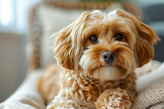 A small brown dog sitting on a chair.
