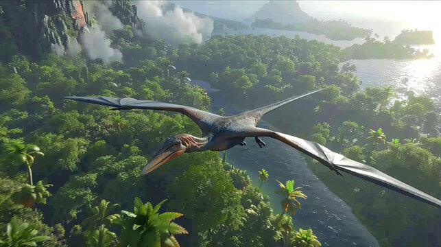  lone pteranodon flying above a lush green jungle planet