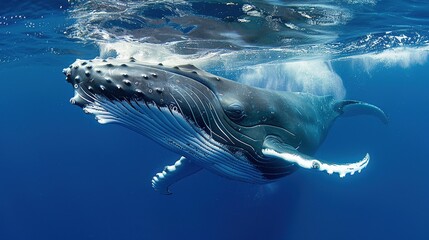 A Baby Humpback Whale Plays Near the Surface in Blue Water. Generative Ai