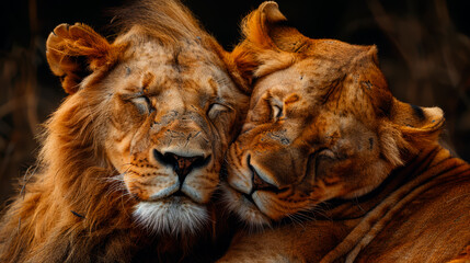 image focused on a lion and a lioness hugging, photorealism style, wild animals.