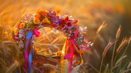 In the garden a delightful scene unfolds with a vibrant floral wreath adorned with colorful ribbons entwined among ripe ears of wheat against a backdrop of nature This floral crown represen