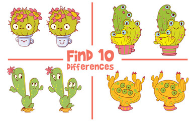 Find 10 differences in the picture. Educational game for kids. Attention task. Funny cartoon character. Worksheet page. Activity book. Vector illustration