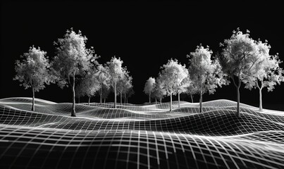 3D wireframe preview of forest, grid, only white lines, polygons, black background, high quality