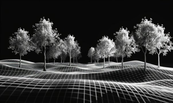 3D wireframe preview of forest, grid, only white lines, polygons, black background, high quality