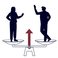Gender gap and unfair wages, income and career gaps between men and women. Businessman and businesswoman standing on scales. Gender gap, Sexism and discrimination, flat vector illustration isolated.