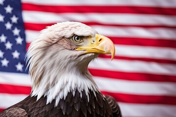 Naklejka premium patriotic eagle taking wing ,copy space with US flag blurred in background, Memorial Day 