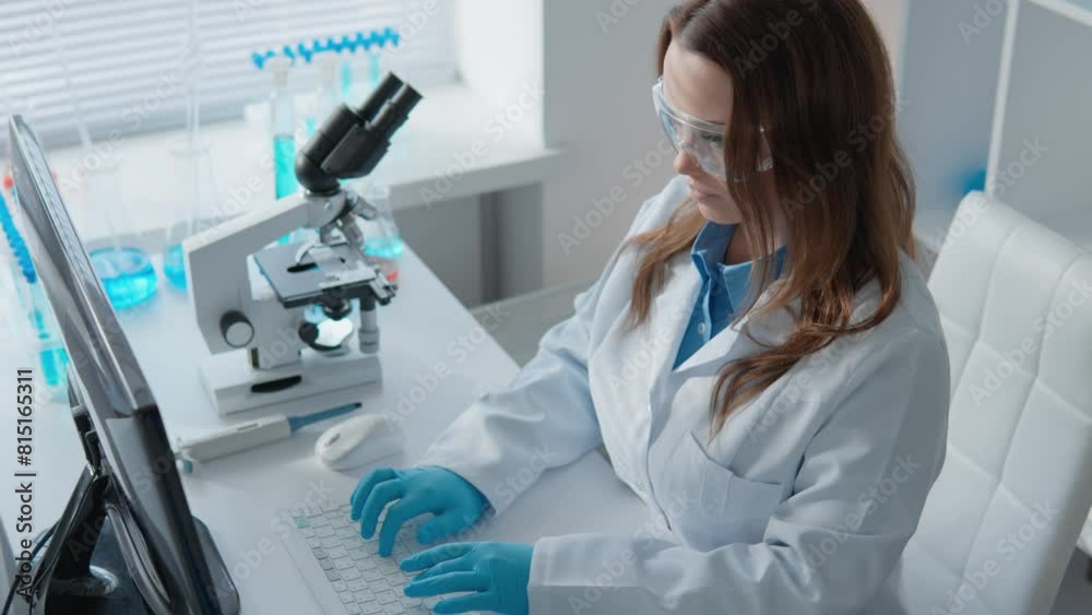 Poster Institute for Study Genetics and Diseases Cancer and AIDS. Finding vaccine and cure to address health problems. A scientist at computer studies data analysis and statistics. Experimental activities