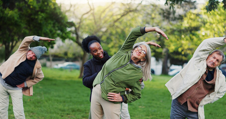 Yoga class, park and elderly people with instructor exercise together in nature for health and...