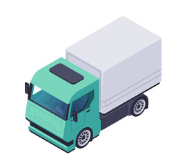 Turquoise delivery truck on a plain white background, concept of logistics and transportation. Isometric vector illustration isolated on white background