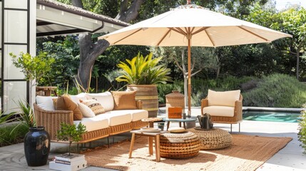 Fototapeta premium A patio equipped with wicker furniture including chairs and tables, underneath an umbrella providing shade on a sunny day.
