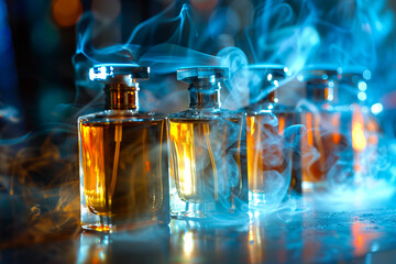 A group of perfume bottles with smoke coming out of them.