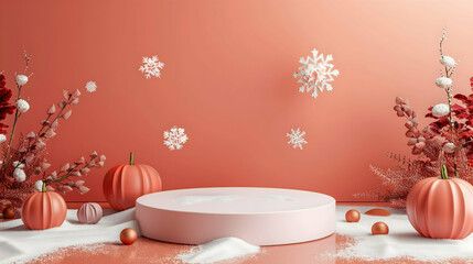 Background podium 3D product display stand platform, Holiday Festive: A seasonal podium with holiday decorations like snowflakes for winter or pumpkins for fall.