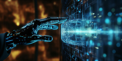 robot hand pressing on virtual digital screen hologram interface binary code big data connection technology AI machine learning idea concept design
