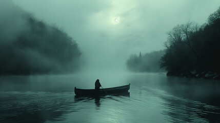Fototapeta premium An atmospheric shot of the river Styx, winding its way through the dark underworld, with the ferryman Charon guiding the souls of the dead across its murky waters in his creaking b
