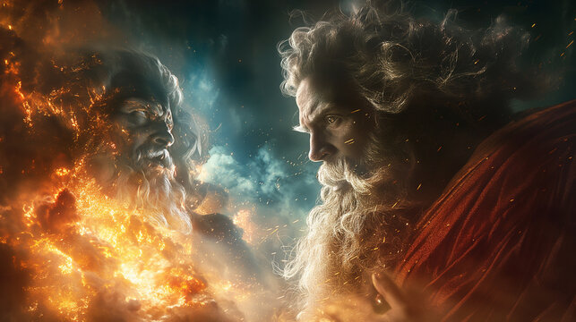 A close-up photograph capturing the fierce battle between the gods and the Titans, with Zeus wielding his thunderbolt against the monstrous Typhon, as the earth trembles and the he