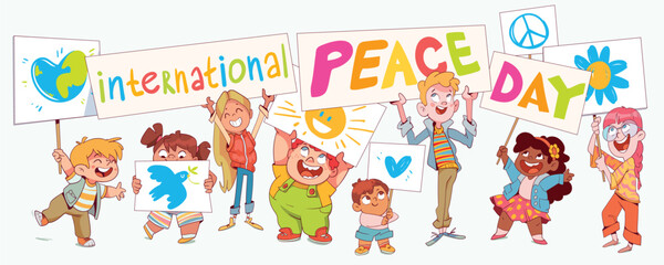 Fototapeta premium Kids hold up drawn posters on the theme International day of peace. Children pencil doodles. Colorful cartoon character. Funny vector illustration. Isolated white background