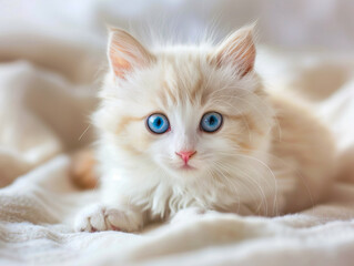 A white kitten with blue eyes laying on a bed.