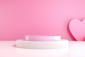 A modern minimalist pink podium display with a subtle heart decoration in the background. Minimalist Pink Podium with Heart Shape Decor