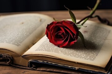 An open old book with a single red rose lying across the yellowed pages. Vintage Book with Red Rose on Top