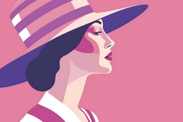 woman profile in hat in soft pastel colors pink purple cream, concept of minimalism and fashion, elegant sensuality of retro style, illustration with copy space