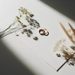 still life raffinato di fedi nunziali e fiori di campo su sfondo bianco con ombre drammatiche create da fonte di luce naturale e spazio bianco