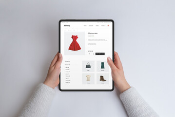 Hands holding a modern tablet displaying an e-commerce webpage. Concept of online shopping with a...