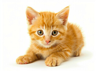 A small orange kitten is looking at the camera.