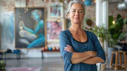 Fototapeta premium Wellness Woman. Mature Female Yoga Instructor Leading Fitness Class in Studio