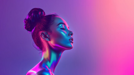 A futuristic and creative portrait of a young and beautiful girl with cyber neon colors, strong shadows, vibrant colors, in the spirit of old retro style and high technology.