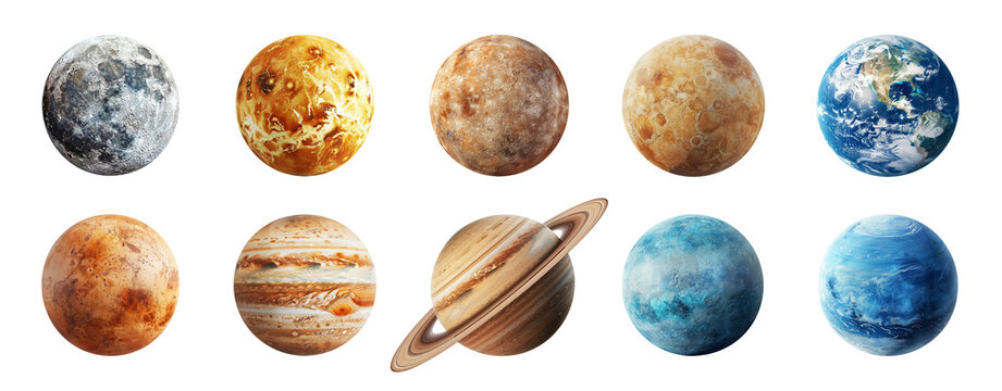 Set of solar system planets and Moon isolated on transparent background. Mercury, Venus, Earth, Mars, Jupiter, Saturn, Uranus, Neptune. Realistic planets, satellite, star. Celestial bodies collection