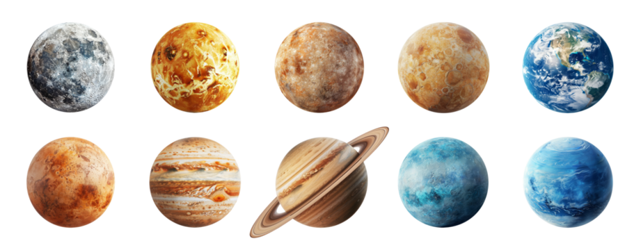 Set of solar system planets and Moon isolated on transparent background. Mercury, Venus, Earth, Mars, Jupiter, Saturn, Uranus, Neptune. Realistic planets, satellite, star. Celestial bodies collection